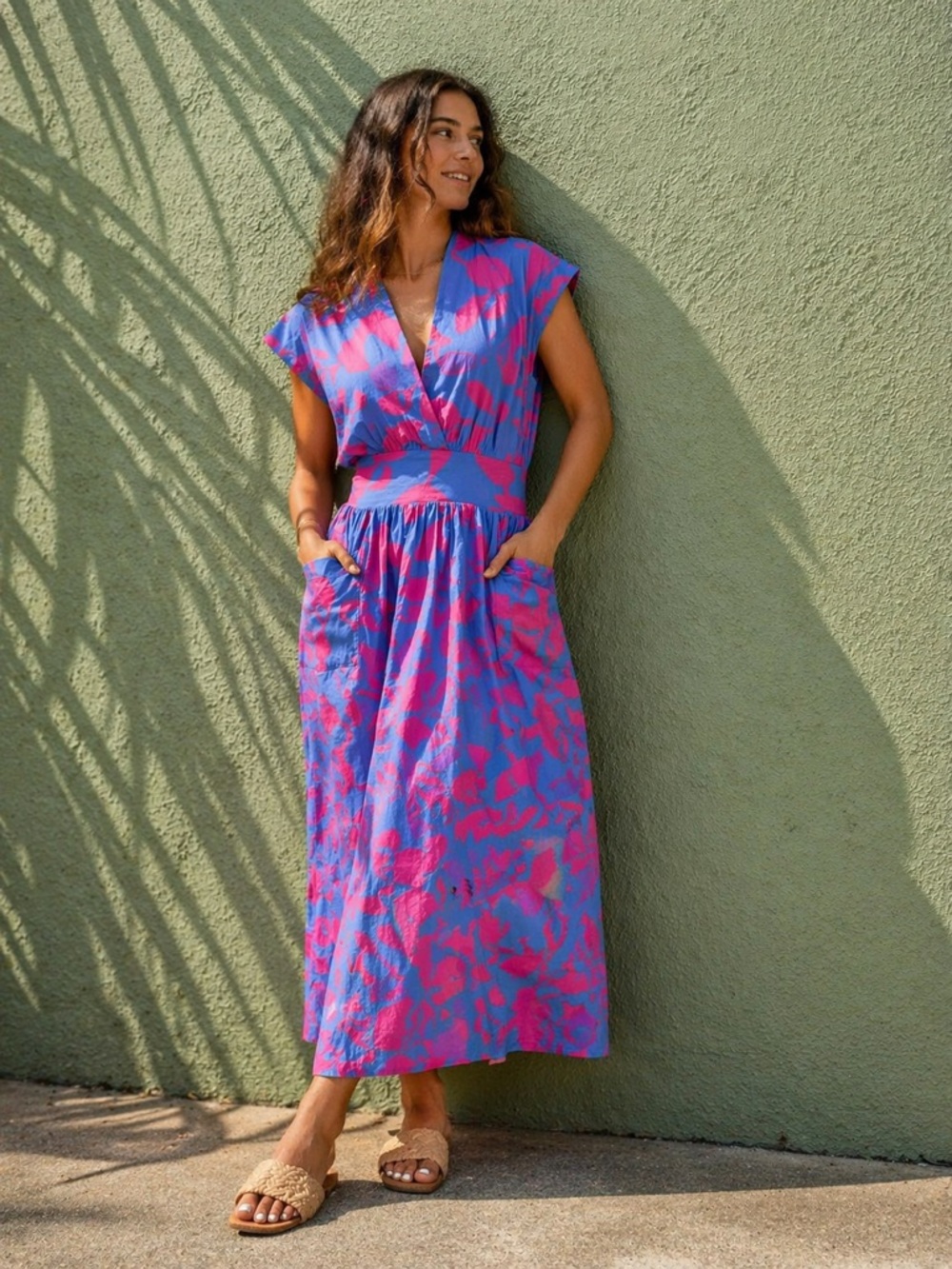 Vivid Pink and Blue Floral Maxi Dress - Women's